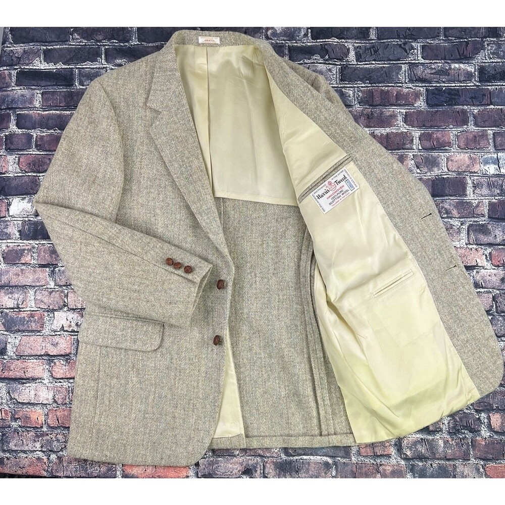 VTG Harris Tweed Mens 100% Wool 2 Button Sport Coat Blazer Light Beige USA 42L